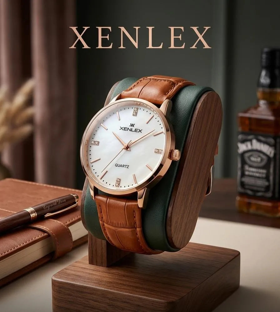 Branded Men's Leather Watch with Green Strap & Gold Dial