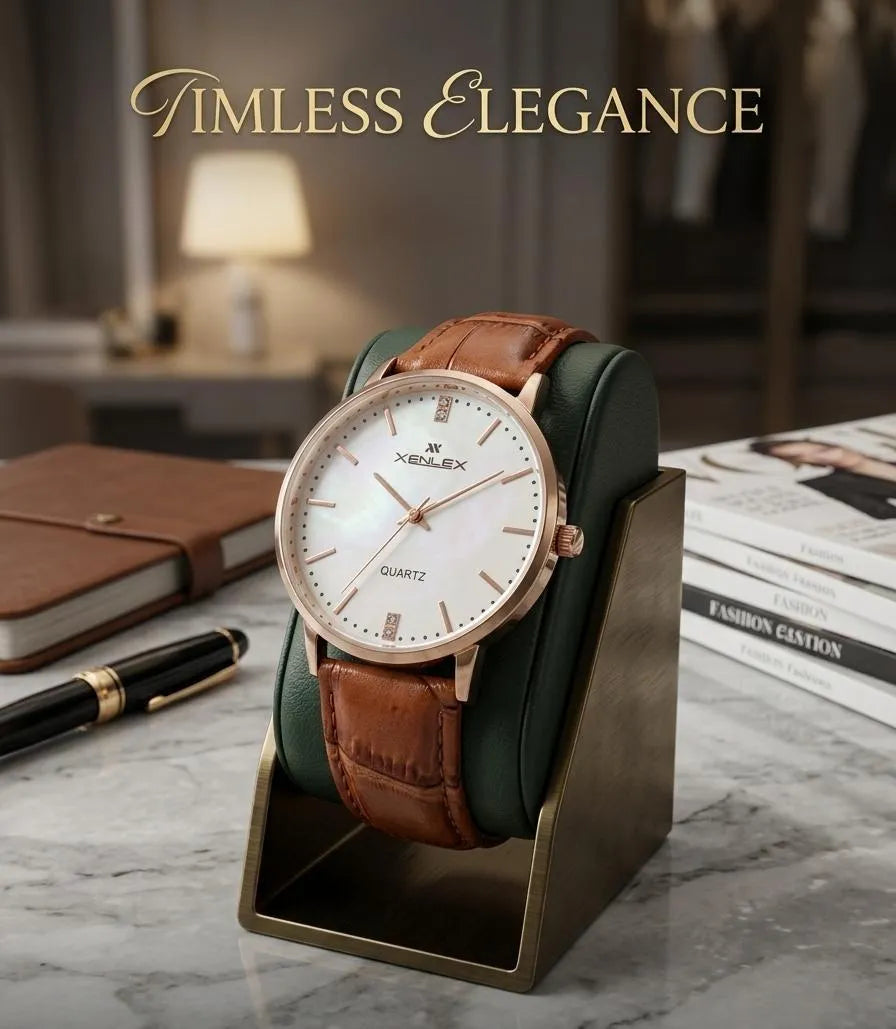 Branded Men's Leather Watch with Green Strap & Gold Dial