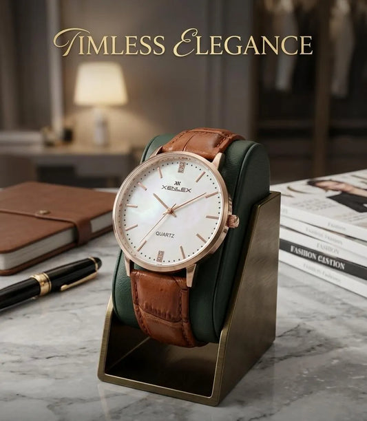 Branded Men's Leather Watch with Green Strap & Gold Dial