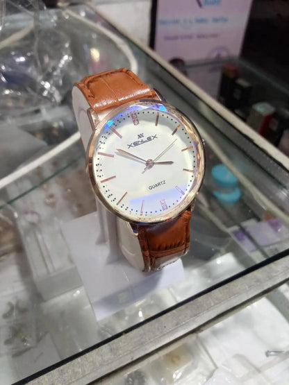 Branded Men's Leather Watch with Green Strap & Gold Dial