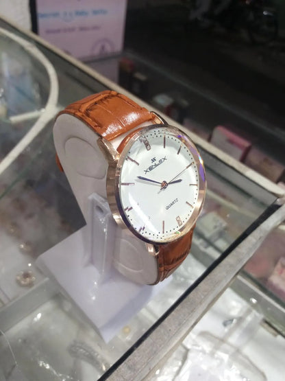 Branded Men's Leather Watch with Green Strap & Gold Dial